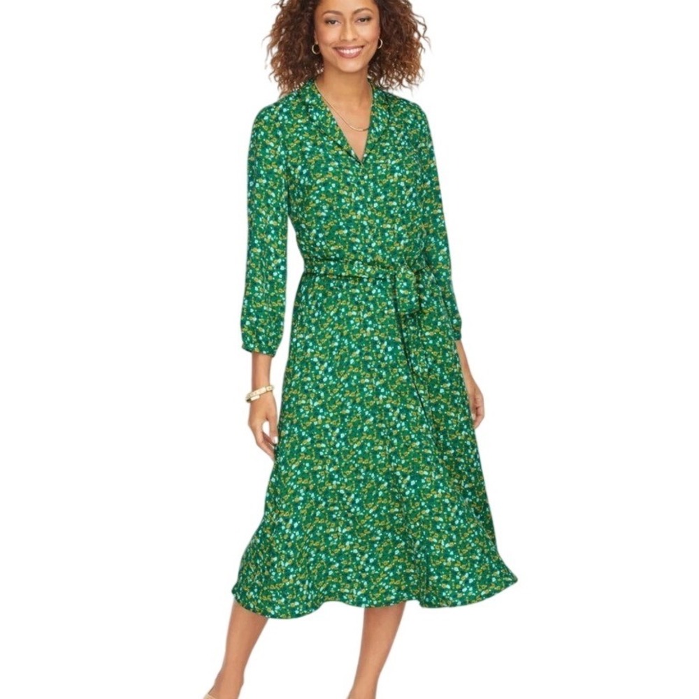 Talbots Ditsy Floral Shirt Dress Green sz 10 Midi Tie Long Sleeve Button Up NEW